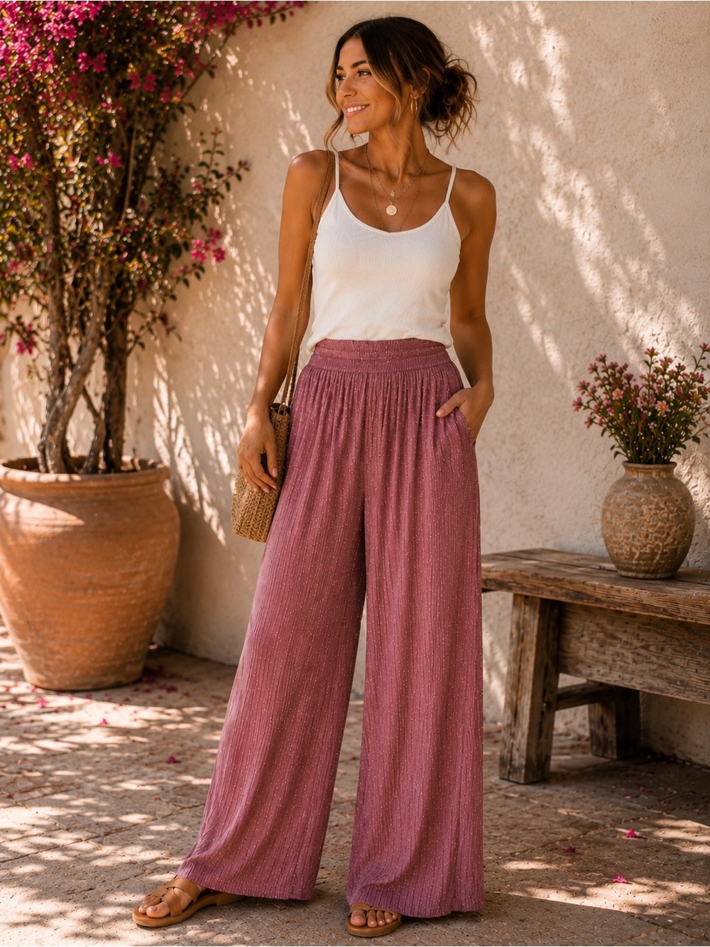 NWT Love Poem Misty Rose Rhinestone Wide Leg Pants Boho Chic L